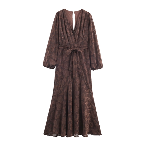 Elegantes Jacquard Burnout Floral Maxi Kleid V Ausschnitt Lange Laternenärmel Meerjungfrau Saum Taille Damen