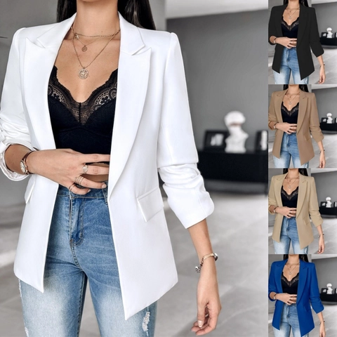 Blazer De Mujer De Manga Larga Chaqueta Cuello Solapa Color Sólido Ajustado Elegante Oficina Poliéster