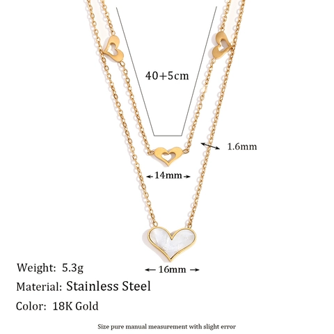 Dubbellaagse Hart Hanger Ketting Roestvrij Staal Verguld Kunstparelmoer Schelp Elegante Sieraden Voor Dames