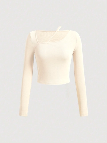 Camiseta De Manga Larga De Punto Acanalado Para Mujer Cuello Oblicuo Asimétrico Ajustado Crop Top Color Sólido Elegante Pullover