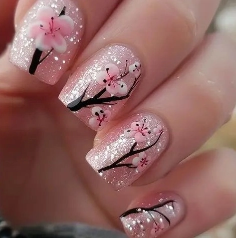 Faux Ongles Press On Carrés Courts Base Rose Pailletée Motif Fleurs De Prunier Élégants Pour Femmes