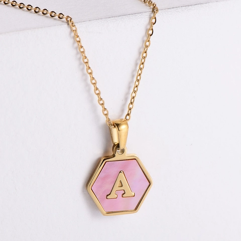 Hexagon Initial Letter Necklace Gold Plated Stainless Steel Pink Mother Of Artificial Pearl Shell Pendant Jewelry For Women