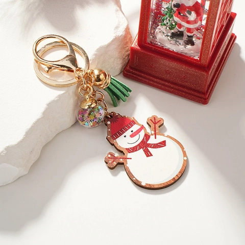 Porte-clés de Noël en Bois Bonhomme de Neige Bonhomme de Pain d'Épices Avec Pompon et Boule à Paillettes Bijou de Sac Cadeau