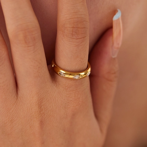 Stainless Steel Ring 18K Gold Plated Marquise White Zircon Inlaid Geometric Minimalist Ins Style Jewelry For Women