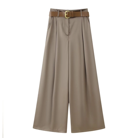 Pantalones De Pierna Ancha Mujer Textura Satén Cintura Alta Con Cinturón Pantalón Recto Elegante Casual Oficina Color Sólido