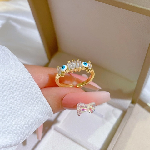 Evil Eye Offener Ring Messing Gold Vergoldet Zirkon Verstellbarer Schmuck Für Frauen Trendiger Minimalistischer Luxusstil