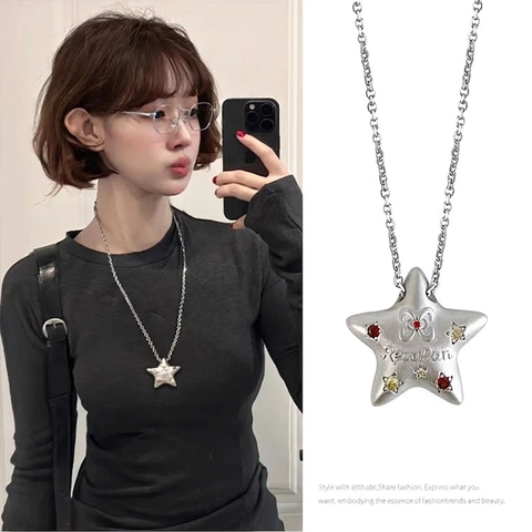 Collier Pendentif Étoile En Alliage Avec Zircone Colorée Style Doux Et Frais Longue Chaîne De Pull Pour Femmes
