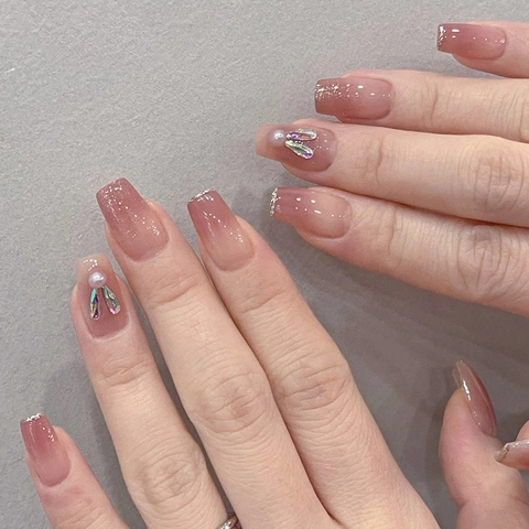 Uñas Postizas Presionables Degradado Rosa Borde Brillante Conejo 3D Perla Artificial Diamante Dulces Lindas