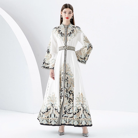 Abito Lungo Elegante Con Stampa Paisley Da Donna Collo Alto Maniche A Campana Cintura Stile Palazzo Etnico Vintage
