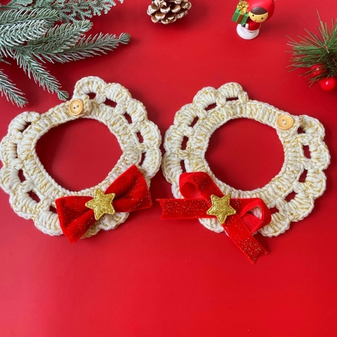 Christmas Pet Collar Hand Crocheted Knitted Bib With Bell Bowknot Adjustable Cat Dog Scarf Holiday Decoration Red Cream