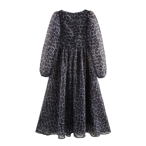 Robe Longue À Imprimé Léopard Style Rétro Français Col Carré Manches Longues Organza Taille Haute Élégante