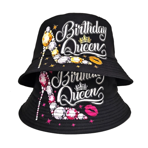 Chapeau Bob Polyester Imprimé Birthday Queen Strass Talons Hauts Protection Solaire Extérieur Réversible Pour Femmes