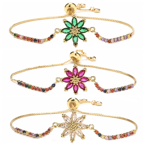 Franse Stijl Bloem Verstelbare Armband Verguld Koper Kleurrijke Zirkoon Regenboog Schuifregelaar Sieraden Voor Dames