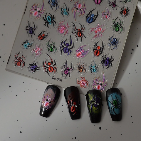 Halloween Spinne 5D Geprägte Nagelkunst Aufkleber Bunte Metallische Gotische Dunkle Muster Wasserdicht DIY Dekoration