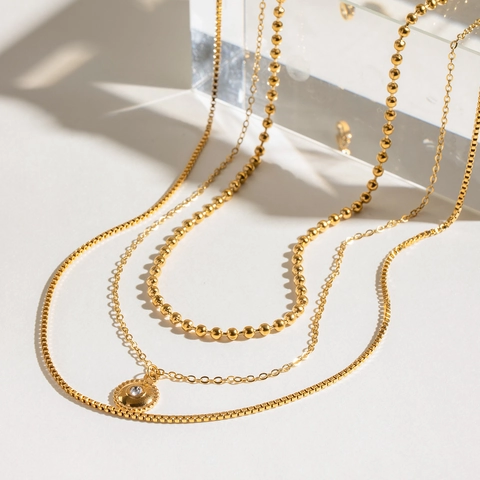 Collier Multi-rangs Acier Inoxydable Plaqué Or Pendentif Strass Multi-brins Chaîne À Billes Maille Boîte Pour Femmes