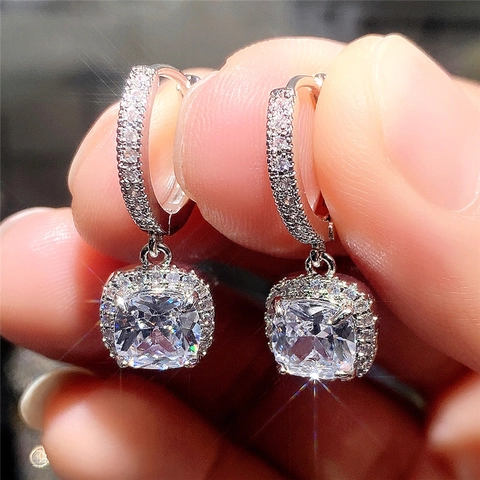 Orecchini Cerchio Pendente Zircone Quadrato Taglio Cushion Halo Rame Placcato Oro Bianco Gioielli Eleganti Donna
