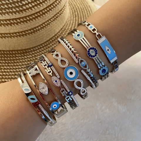 Edelstahl Armreif Böser Blick Blaues Emaille Rhinestone Schmetterling Unendlichkeit Scharnier Manschettenarmband