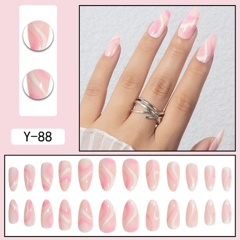 Pink And White Wave Line Press On Nails Water Drop Shape Almond False Nails Marble Pattern Glossy Manicure