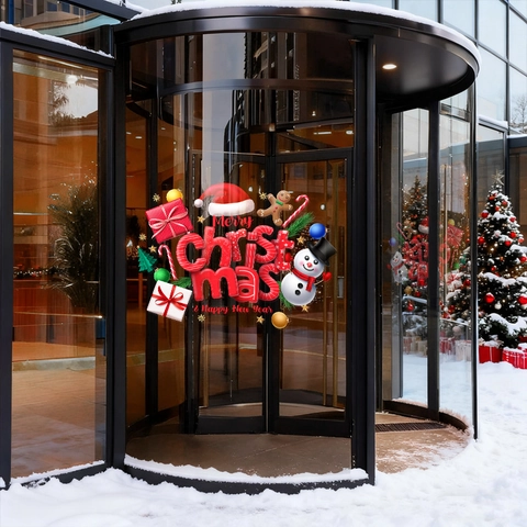 Christmas Window Stickers PVC Static Adsorption Snowman Gingerbread Man For Shop Glass Door Home Holiday Decoration