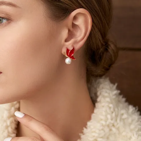 Rote Schmetterling Künstliche Perlenohrringe Mit Silbernem Ohrstecker Kupfer Vergoldet Emaille Französischer Vintage Eleganter Schmuck Frauen