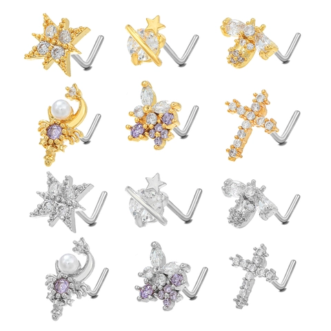 Piercings De Nariz En Forma De L De Latón Con Circón Estilos Variados Estrella Cruz Mariposa Planeta Joyería Corporal Geométrica Para Mujer