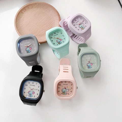 Orologio Al Quarzo Per Bambini Cinturino In Silicone Quadrante Quadrato Motivo Elefante Studente Sport Moda