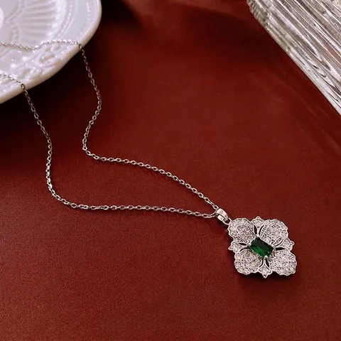 Emerald Green Zircon Flower Copper Necklace And Bracelet And Ring Retro Luxury Geometric Jewelry For Women