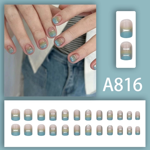 Press On Nails Short Round Gradient Color With Silver Metallic Line Wearable Artificial Nails For Women