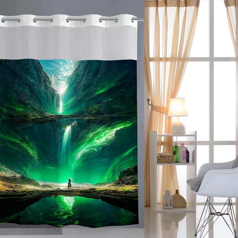 Wasserdichter Duschvorhang Polyester Mit Integrierten Ringen Hakenlos Doppellagig Abnehmbarem Futter Netzfenster Modern Bedruckt