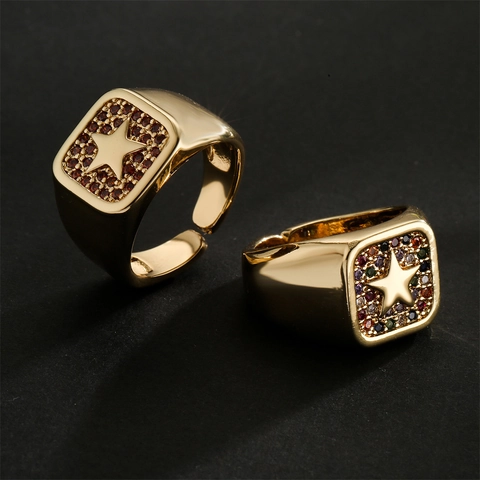 Square Signet Ring 18K Gold Plated Copper Micro Pave Zircon Star Pattern Adjustable Punk Style For Women