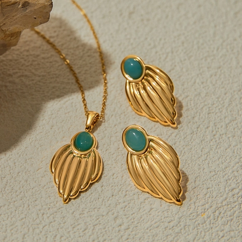 Collana Con Pendente E Orecchini In Acciaio Inossidabile Placcato Oro Ala Foglia Pietra Turchese Per Donna Ipoallergenico