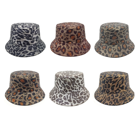 Bucket Hat Leopard Print Metallic Glossy Polyester Sun Protection Vintage Trendy Foldable Outing Travel Women