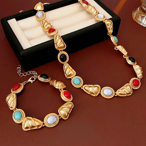 Joyas De Collar Y Pulsera Vintage Para Mujer Aleación Dorada Piedras Artificiales Coloridas Geométricas Accesorio Retro Bohemio
