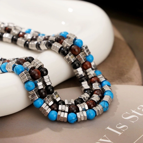 Natural Stone Beaded Bracelet Stainless Steel Tiger Eye Agate Turquoise Adjustable Men Retro Fashion Jewelry