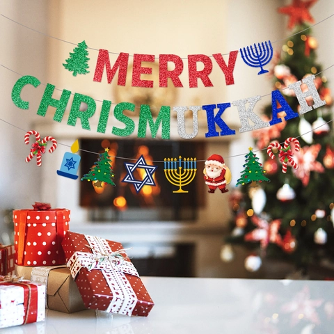 Merry Chrismukkah Banner Glitter Cardboard Garland Christmas Hanukkah Party Decoration Multi-Color Holiday Hanging Decor