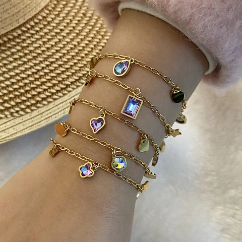 Bracciale Con Charms In Acciaio Inossidabile Con Pendenti Farfalla Cuore In Vetro Cristallo Viola Gioielli Da Donna