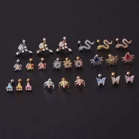 Pendiente De Cartílago Poste De Acero Inoxidable Cobre Zircón Estrella Luna Serpiente Mariposa Corazón Joyería Piercing