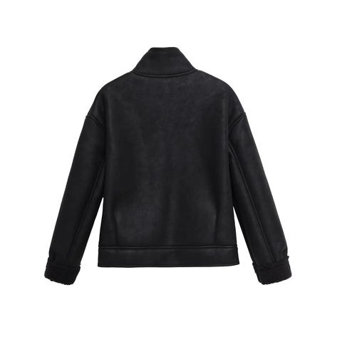 Chaqueta De Gamuza Sintética Para Mujer Con Forro De Pelo Cuello Alto Botonadura Sencilla Moda Color Sólido Ropa Exterior Negro