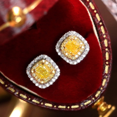 Elegant Cushion Cut Yellow Zirconia Double Halo Stud Earrings For Women Copper Base Wedding Party Fashion Jewelry Accessories