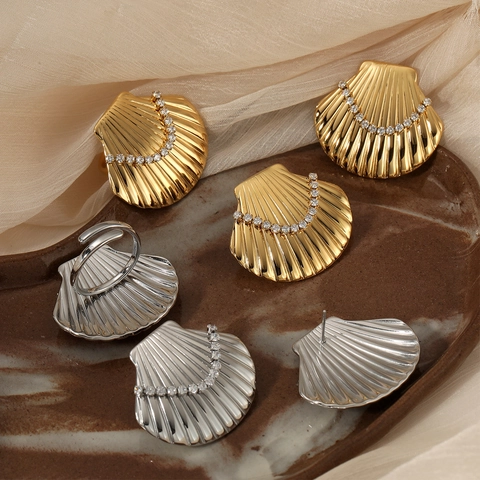 Scallop Shell Earrings And Ring Stainless Steel With Zircon Vacation Style Elegant Accessories For Women