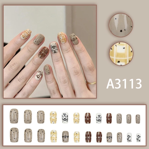 Cute Cartoon Dog Graffiti Press On Nails Earth Tone Plaid Heart Pattern Short Square Round Glossy Plastic Fake Nails