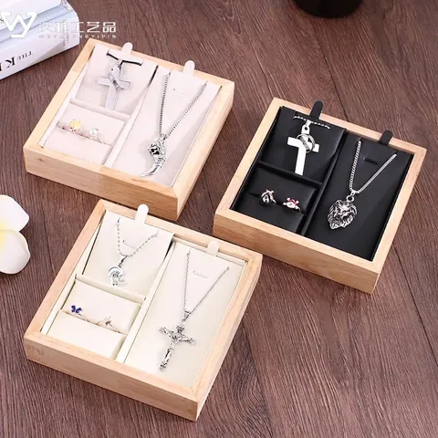 Jewelry Display Tray Bamboo Wood Organizer For Necklace Ring Earring Countertop Showcase Storage PU Leather Velvet Lining