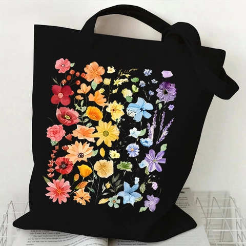 Aesthetic Floral Print Canvas Tote Bag Reusable Casual Handbag Eco Friendly Shoulder Shopping Bag For Women