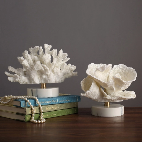 Modern White Resin Artificial Coral Sculpture With Stone Base Nordic Style Home Decor For Living Room Office Bookshelf