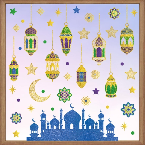 Adesivi Murali Ramadan Eid PVC Autoadesivi Moschea Luna Stella Lanterna Decorazione Glitter Per Finestra Soggiorno
