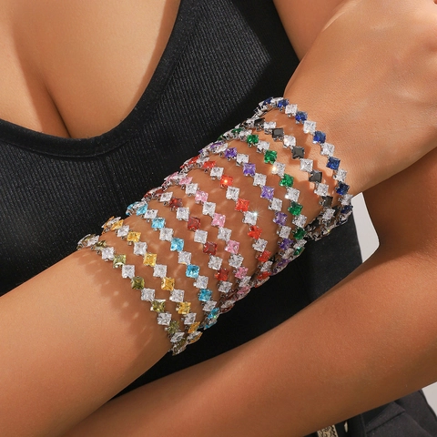 Women Fashion Stainless Steel Square Cut Multicolor Rhinestone Bangle Pave Open Cuff Bracelet Commute Jewelry Party Gift