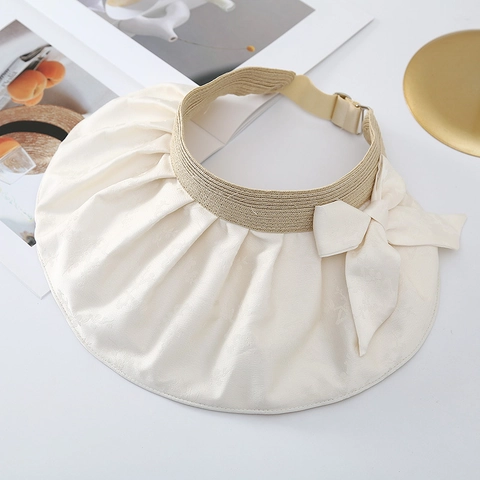 Women Sun Visor Hat UV Protection Large Brim Foldable Bow Decor Satin Straw Woven Empty Top Shell Beach Cap Elegant