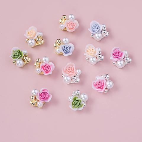 3D Nagelkunst Charms Harz Rosenblüten Legierung Künstliche Perlen Dekorationen Maniküre DIY Luxus Elegant Damen
