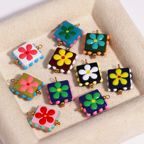 Pendentif Fleur Carré Verre Glaçuré Alliage Charme Motif Double Face Pour Fabrication Bijoux DIY Accessoire Floral Coloré