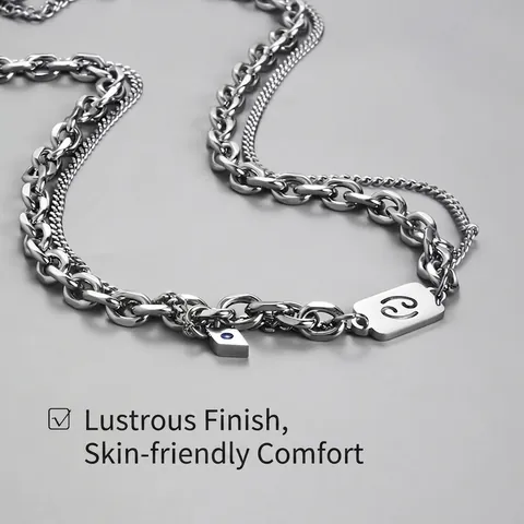 Zodiac Constellation Signs Pendant Necklace With Rhinestone Stainless Steel Double Layered Chain Punk Jewelry For Men